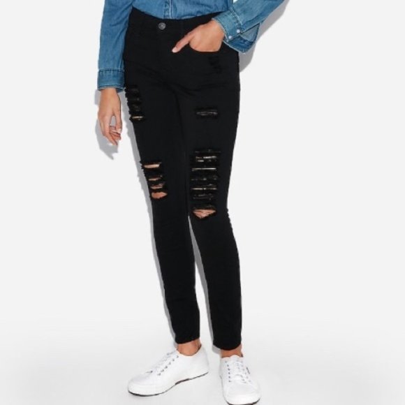 Express Denim - Black Destroyed/Distressed Mid- Rise Jean Leggings